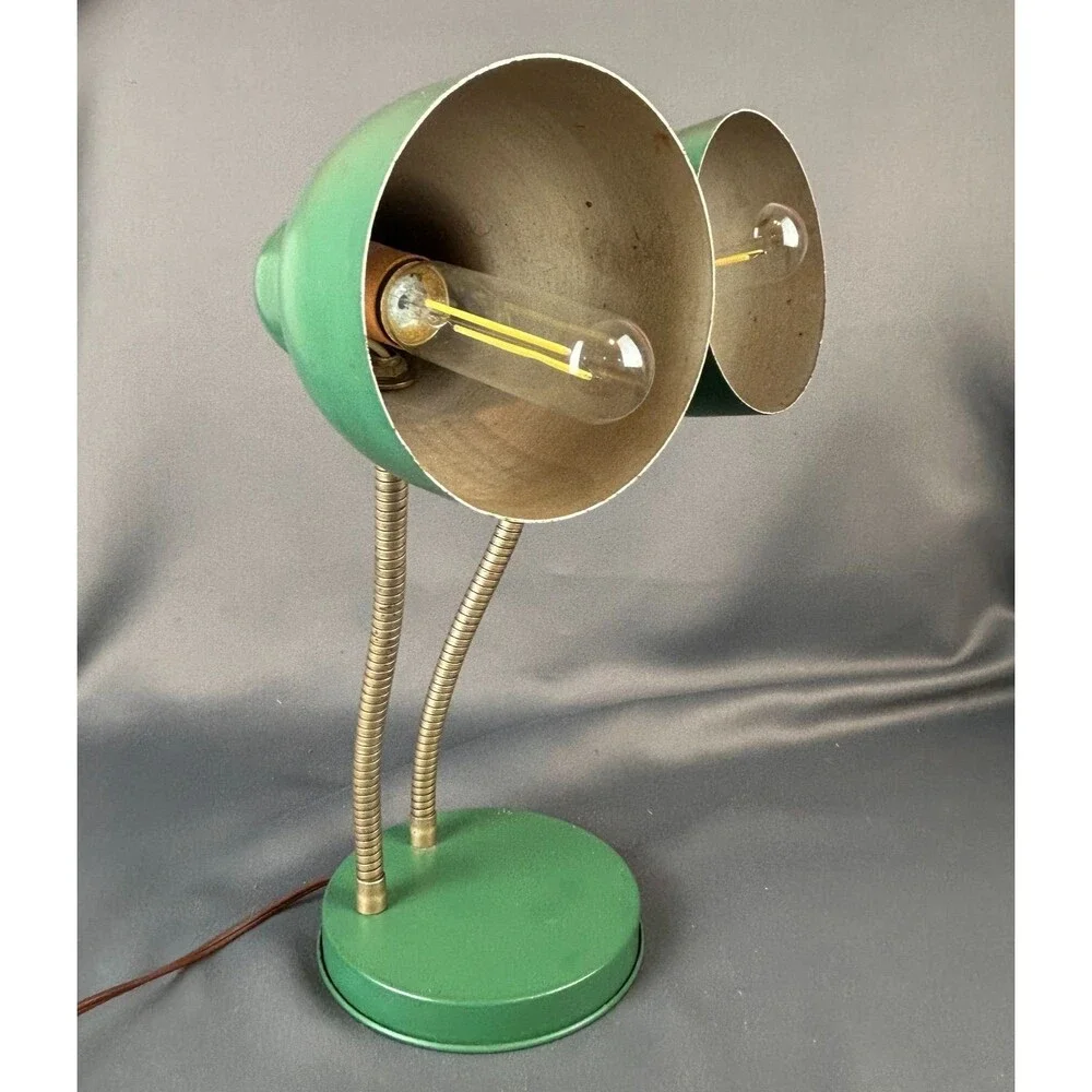 MCM Double Gooseneck Leviton Green Metal Desk Working Table Light Lamp